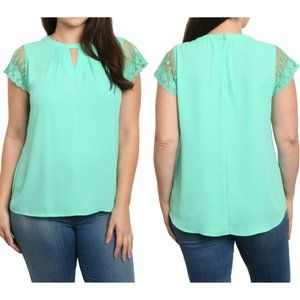 Angela Plus Mint Green Blouse Lace Sleeves Laser-cut Neck NWT